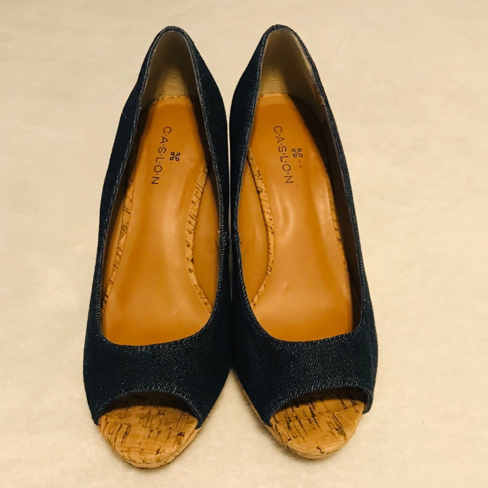 Caslon Blue Denim Cork Heel Peep Toe Wedge 7.5